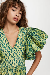 Printed Puff Sleeve V-Neck Slit Maxi Dress