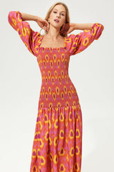 Lantern Sleeve Off-Shoulder Smocked Elastic Midi Dress