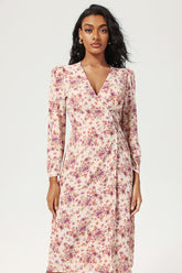 Floral Long Sleeve V-Neck Lace Up Split Midi Dress Purple