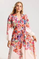 Floral Lantern Sleeve Midi Dress