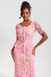 Lace Metal Button Round Neck Midi Dress