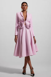 3D Floral Solid Blazer &Solid Midi Skirt Set