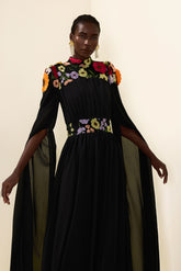 Embroidered Floral Cape Sleeve Maxi Dress