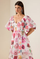 Floral V-Neck Puff Sleeve Mini Dress