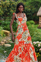 Floral Lace Up Sweetheart Neck Midi Dress