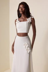 3D Flower Square Collar Solid Top & High Waist Skirt Set