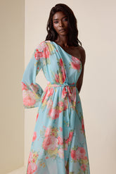 Floral One-Shoulder Lace Up Midi Dress