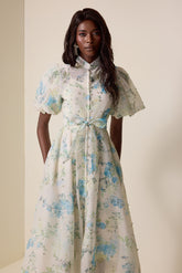 Floral Puff Sleeve Lace-Up Midi Dress