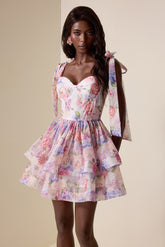 Floral Lace Up Ruffle Mini Dress