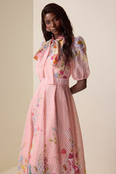 Floral Lace Up Puff Sleeve Midi Dress