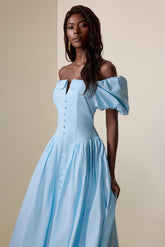 Solid Puff Sleeve Single Breasted Midi Dress