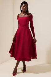 Solid Jersey Square Collar Slit Midi Dress With Belt