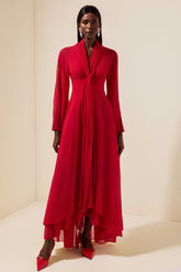 Solid Chiffon Gathering Long Sleeve Maxi Dress