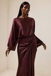 Satin Batwing Sleeve Top & Wrap Midi Skirt Set