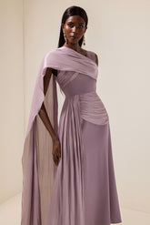 Satin Gathering Cape Sleeve Midi Dress