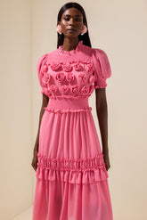 Chiffon 3D Flower Smocking Frill Midi Dress