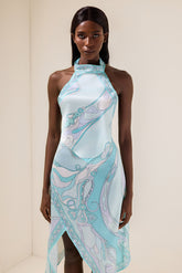 Satin Halter Neck Mini Top & Scarf Print Mid Waist Midi Skirt Set
