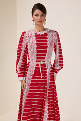 Lace Splicing Embroidered Long Sleeve Maxi Dress With Belt
