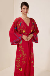 Embroidered V-Neck Single Breasted Maxi Dress With Belt