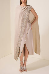Embroidered Sleeveless Midi Dress With Cape
