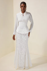 Faux Pearl Pleated Top & Lace High Waist Maxi Skirt Set