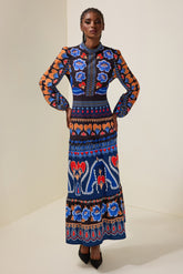 Paisley Print Round Neck Long Sleeve Midi Dress
