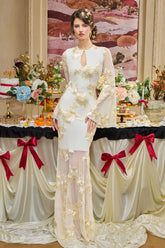 Mesh Embroidered Bell Sleeve Maxi Dress