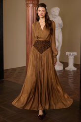 Nail Bead Embroidery Lantern Sleeve Midi Dress