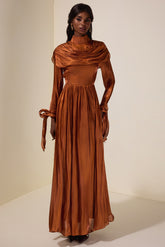 Satin Ruched Ruffle Maxi Dress