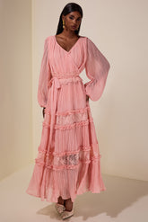 Chiffon Splicing Lace V Neck Midi Dress With Belt