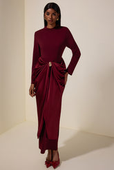 Satin Metal Decorations Long Sleeve Midi Dress
