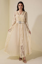 Lace Splicing Chiffon Midi Dress With Belt
