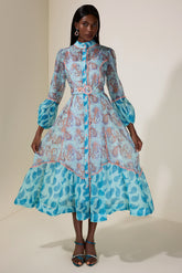 Paisley Print Single Breasted Lace Midi Dress With Belt
