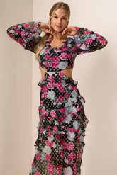 Floral Gold Foil Stamping Frill Midi Dress