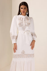 Embroidered Lace-Up Lantern Sleeve Midi Dress