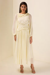 Chiffon Gathering Long Sleeve Midi Dress