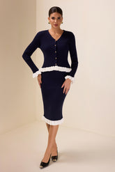 Knit Contrast Color Top & Mid Waist Frill Midi Skirt Set