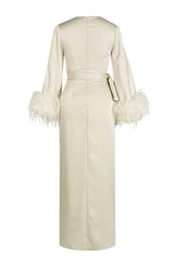 Satin Lace-Up Feather-Trimmed Pleated Maxi Dress