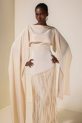 Solid Satin Tassel Maxi Dress With Cape
