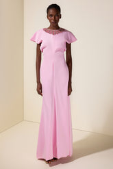 Nail Bead Embroidery Satin Batwing Sleeve Maxi Dress