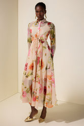 Floral Organza Single Breasted Midi Dress