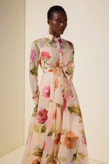 Floral Organza Single Breasted Midi Dress