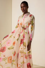 Floral Organza Single Breasted Midi Dress