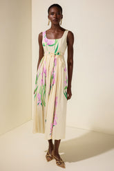 Floral Square Collar Pleated Midi Dress