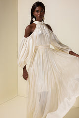 Satin Off-Shoulder Gathering Maxi Dress With Belt