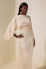 Jersey Gathering Cape Sleeve Maxi Dress