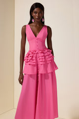 Solid Single Breasted V-Neck Ruffle Smocking Maxi Dress