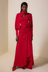 3D Flower Ruched Maxi Dress With Cape