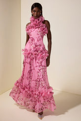 Floral Halter Neck Ruffle Top & Mid Waist Maxi Skirt Set