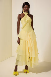 Solid Halter Neck Ruffle Midi Dress